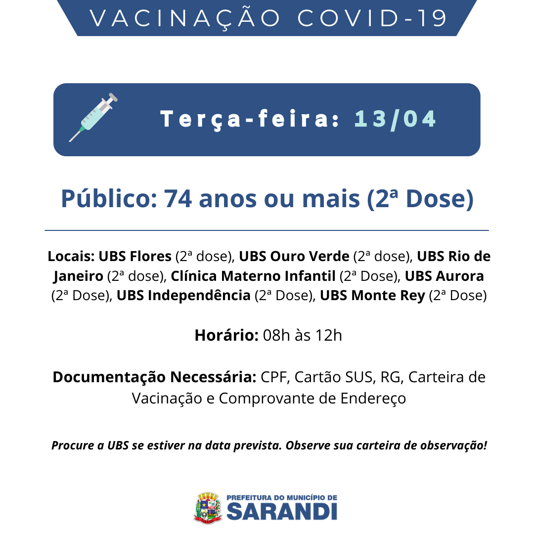 Cronograma de Vacinação contra Covid-19 - Terça-feira - 13/04/2021